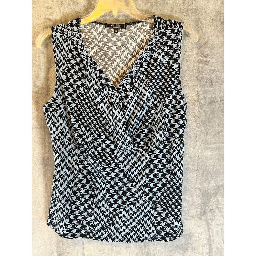 Lily Black & White Houndstooth Sleeveless Blouse‎ Top 2X Plus Size